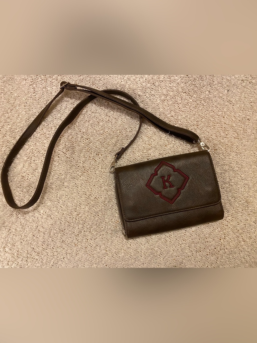 Monogram Accent Dark Brown Leather Crossbody Bag